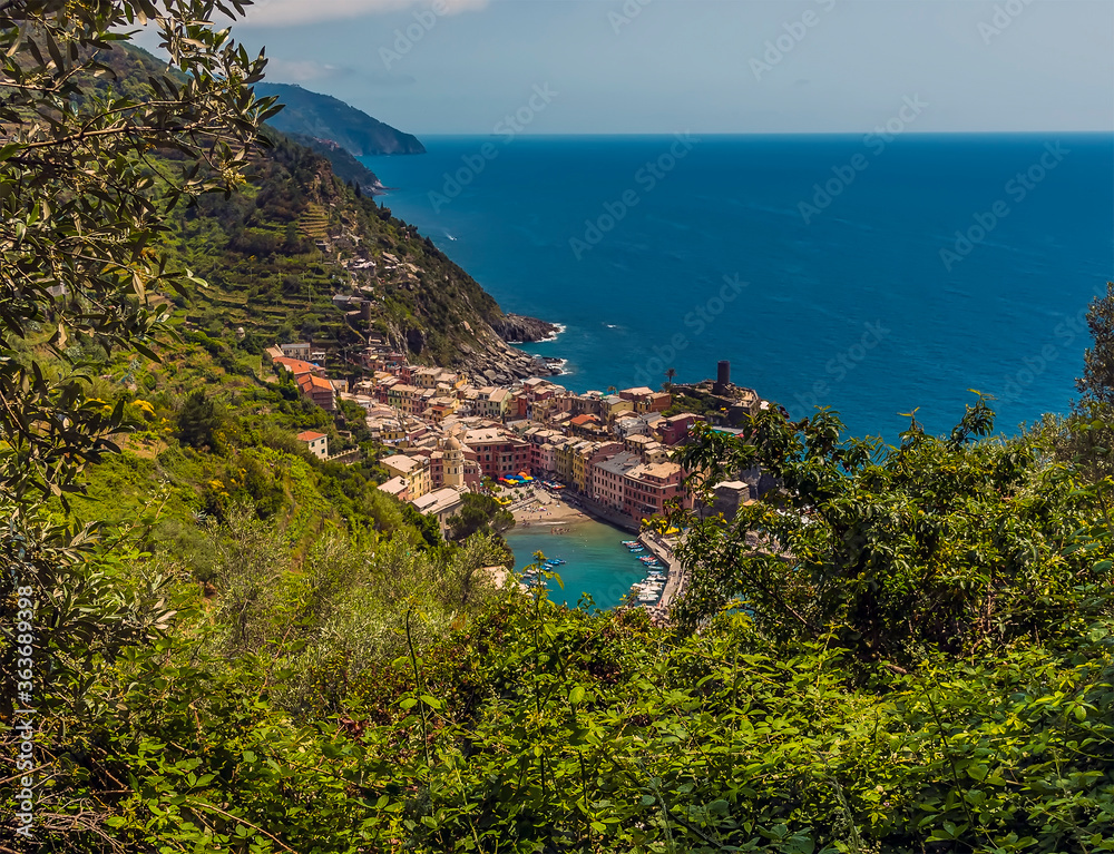 A view from the Monterosso to Vernazza path looking down towards Vernazza in the summertime