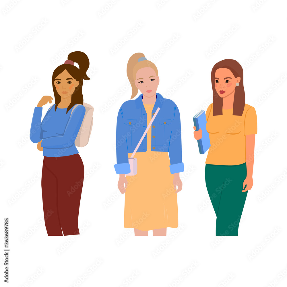A set of portraits, avatars of female students. Cute young girls with beautiful hair. Cartoon flat vector illustration. A set of portraits, avatars of female students. Cute young girls with beautiful hair. Cartoon flat vector illustration.