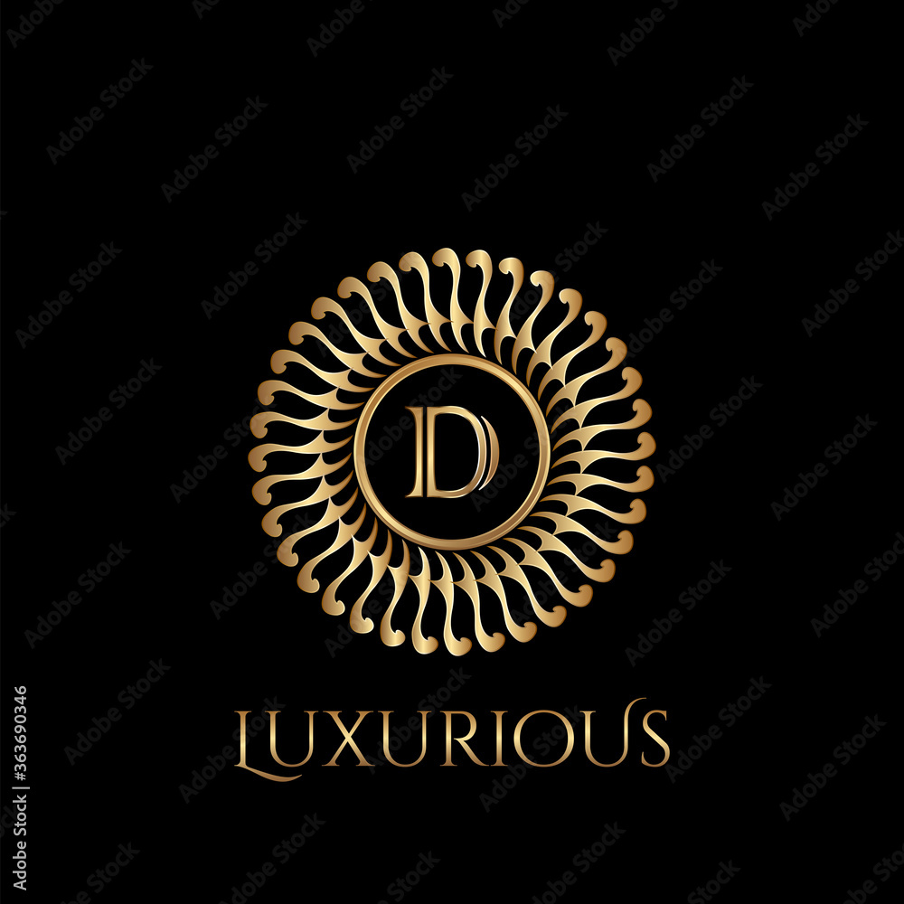 Naklejka premium Circle luxury logo with letter D and symmetric swirl shape vector design logo