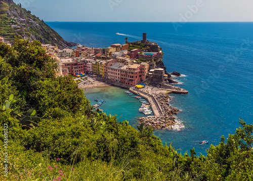 A view of the Cinque Terre village of Vernazza from the Monterosso to Vernazza path in summertime