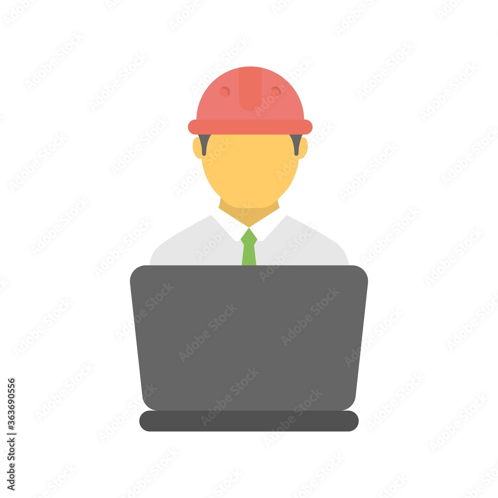 Industrial engineer behind laptop. Construction engineer or architect. Flat icon illustration. Industrial engineer behind laptop. Construction engineer or architect. Flat icon illustration.