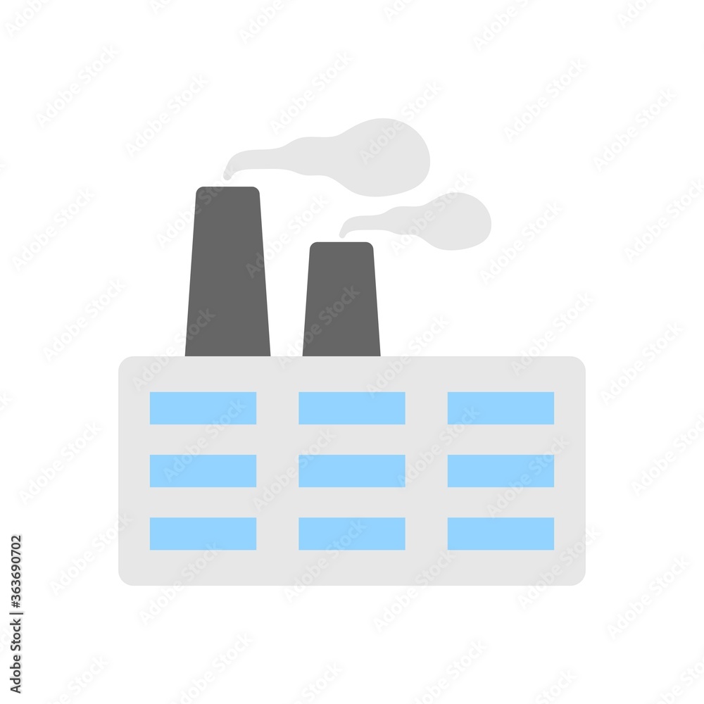 Factory building icon with smoke on chimneys. Industrial pollution sign. Factory building icon with smoke on chimneys. Industrial pollution sign.