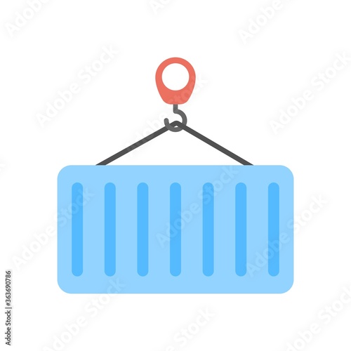 Container hanging on crane hook. Cargo shipment process, warehouse logistics sign.