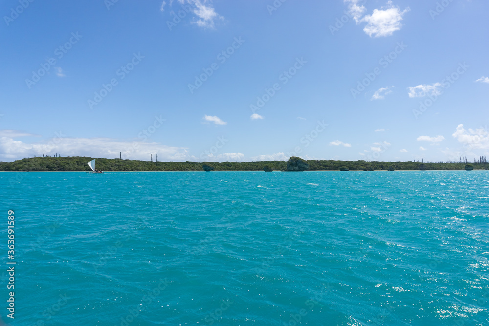 Boat trip on a traditional caledonian sailing boat in Upi bay,  New Caledonia. typical rock in the turquoise sea