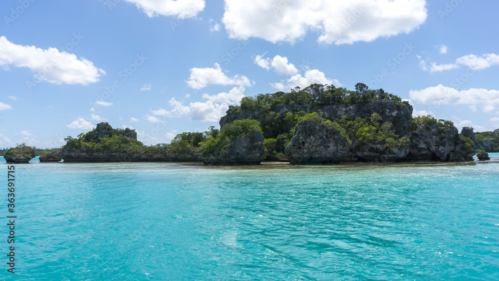 Fototapeta premium Beautiful seascape of Upi Bay, Pines Island, new caledonia: turquoise lagoon, typical rocks, lush vegetation, blue sky