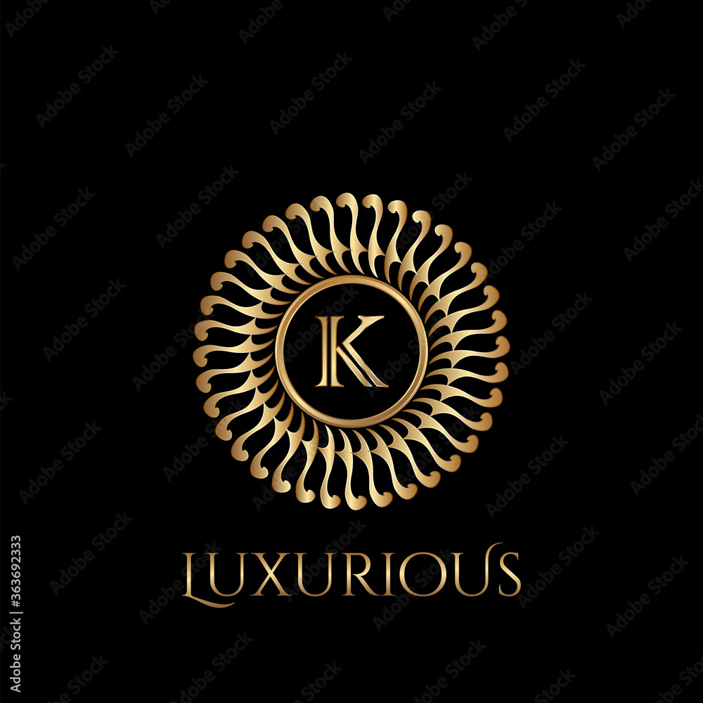 Fototapeta premium Circle luxury logo with letter K and symmetric swirl shape vector design logo