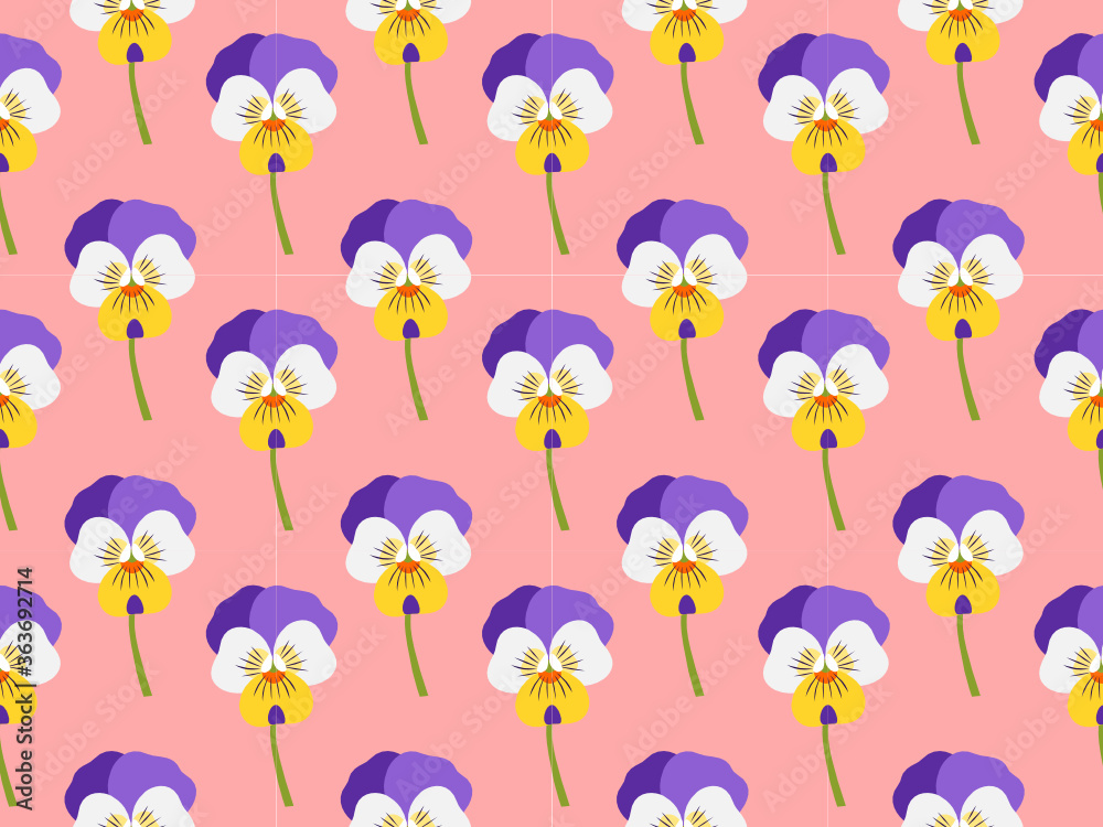 Pansy flower seamless pattern. Pastel floral background. Flat design botanical illustration. Pink, Purple, Yellow and White.