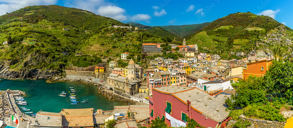 A panorama view from the castle over the picturesque village of Vernazza in the summertime
