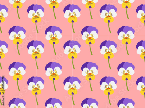Pansy flower seamless pattern. Pastel floral background. Flat design botanical illustration. Pink  Purple  Yellow and White.