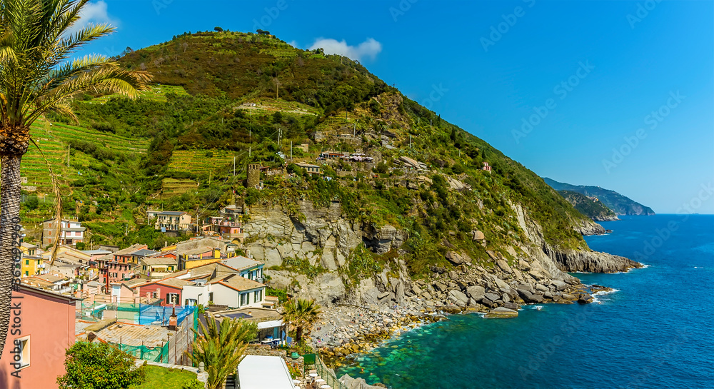 A panorama view from the castle over the village of Vernazza in the summertime