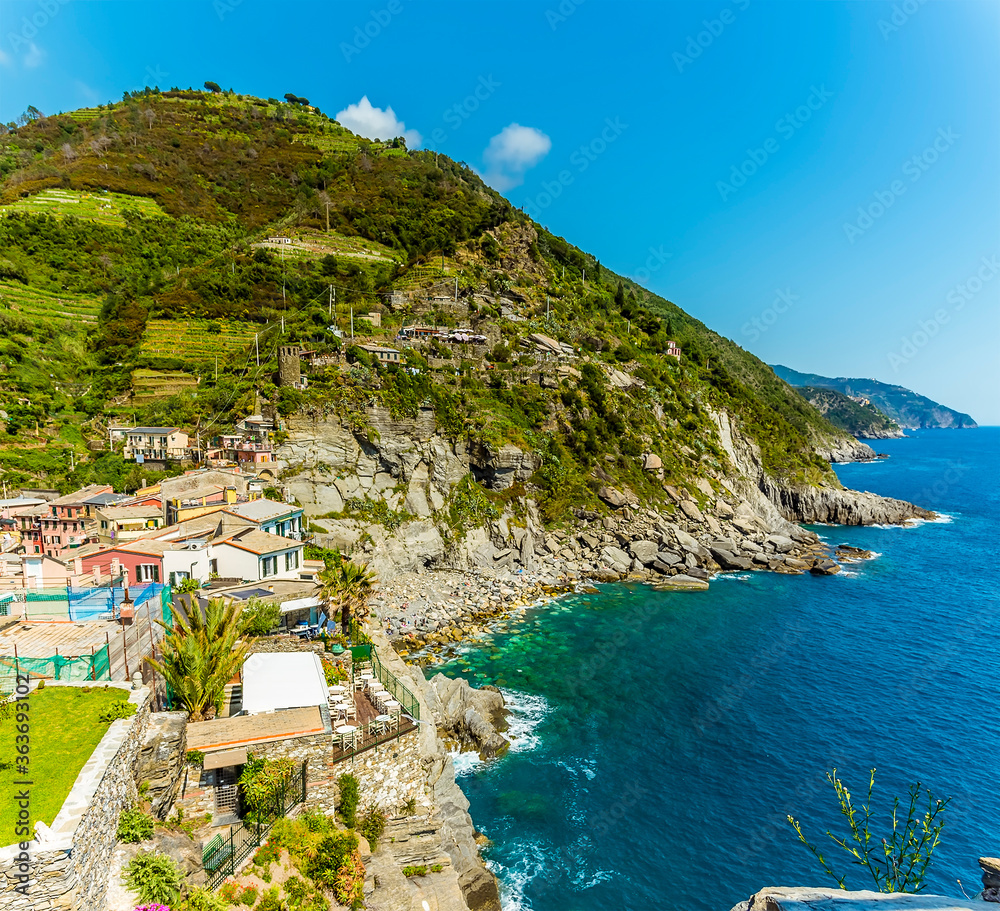 A view from the castle over the village of Vernazza, along the Cinque Terre coast in summertime