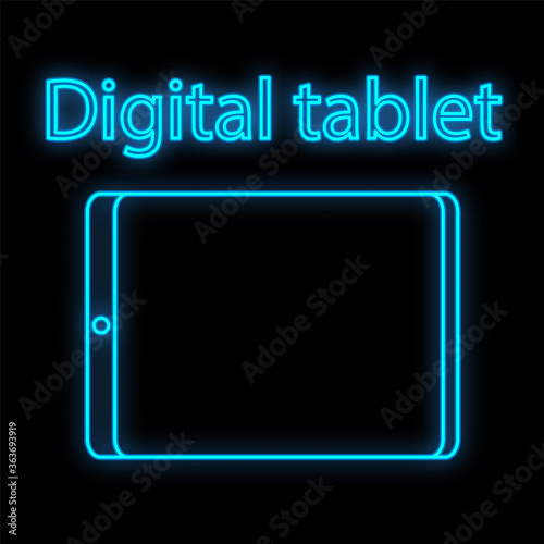 Bright luminous blue digital neon sign for shop or workshop service center beautiful shiny with a modern tablet on a black background. Vector illustration
