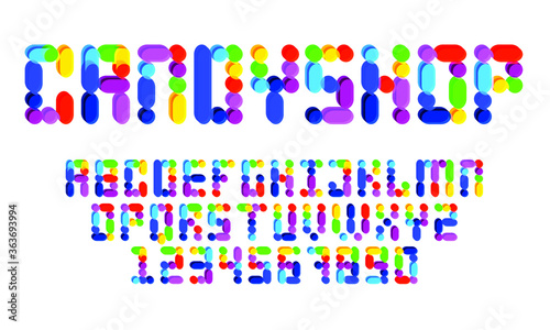 3D dimensional multi-colored rainbow candy shop typography ABC font family in round pill optic and transparency for fun headlines and display lettering designs. 