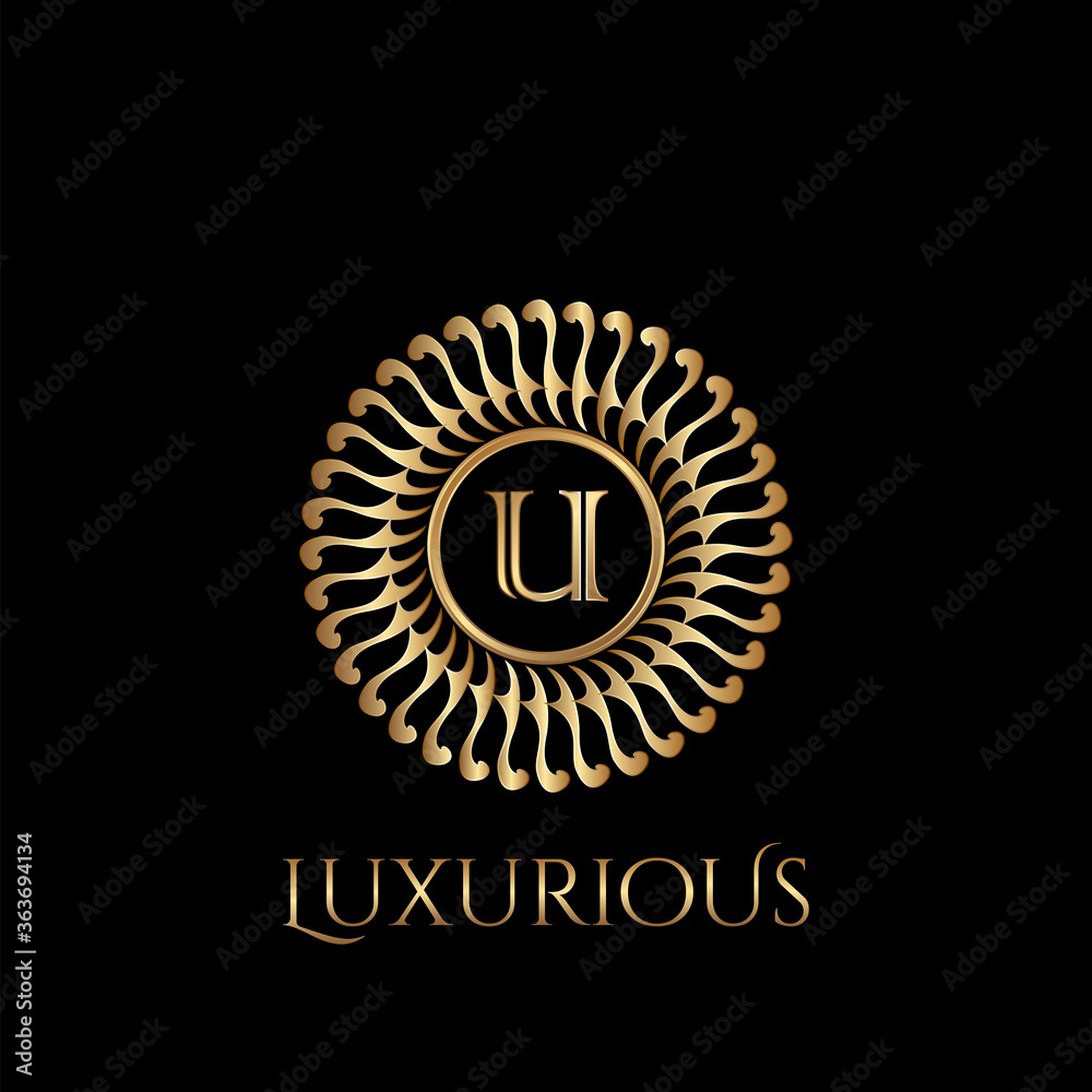 Fototapeta premium Circle luxury logo with letter U and symmetric swirl shape vector design logo