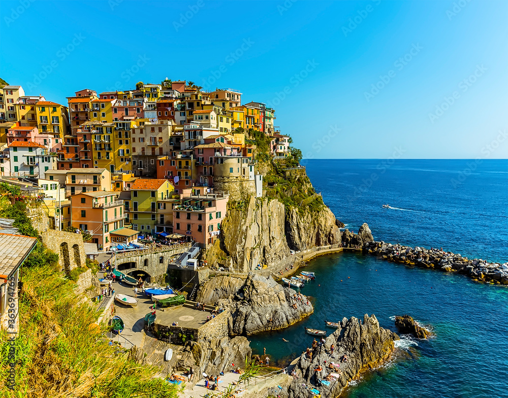 A close-up view of the picturesque village of Manarola, Cinque Terre, Italy in the summertime