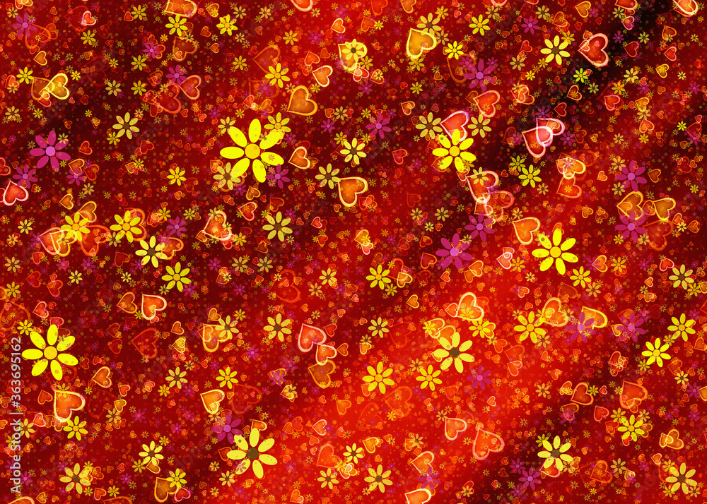 abstract summer background with many painted flowers and hearts