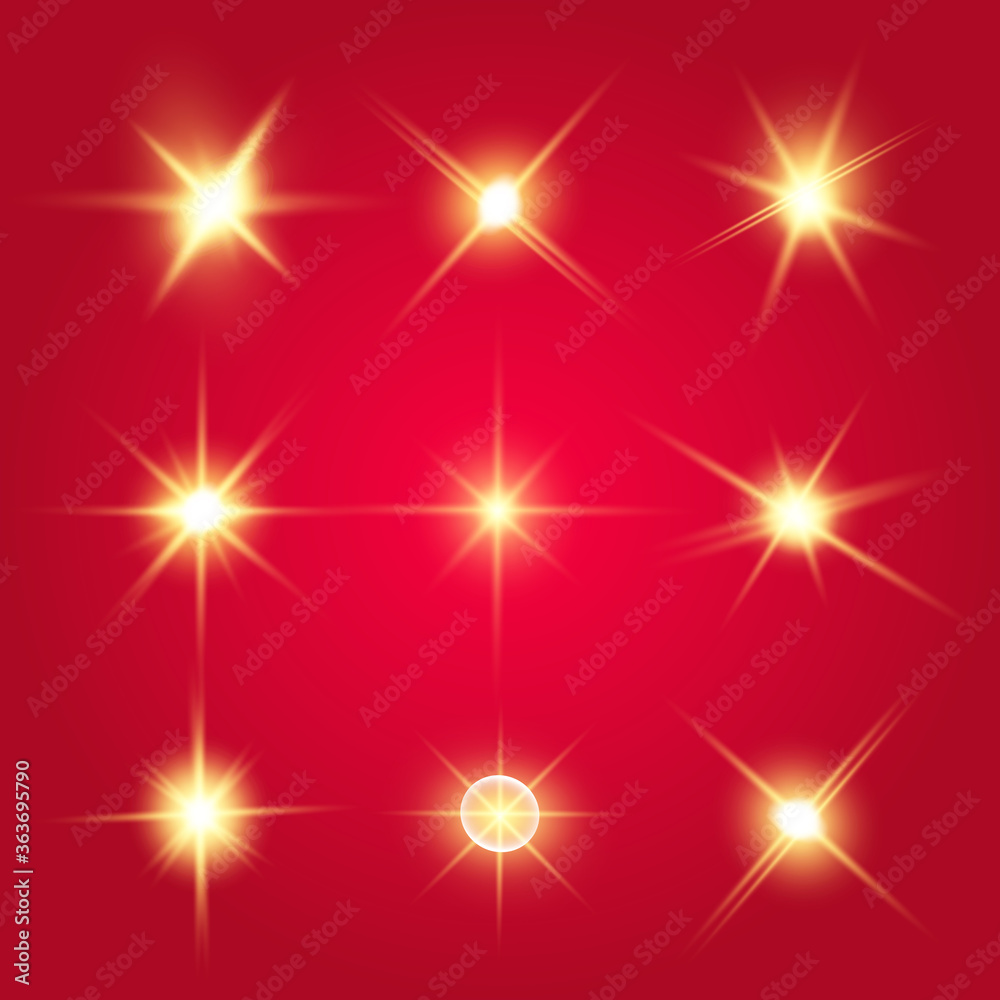 Lights sparkles isolated. Vector illustration of yellow glowing lens flares and sparks, red background. Lights sparkles isolated. Vector illustration of yellow glowing lens flares and sparks, red background.