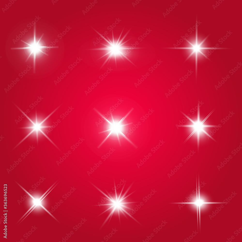 Lights sparkles isolated. Vector illustration of white glowing lens flares and sparks, red background. Lights sparkles isolated. Vector illustration of white glowing lens flares and sparks, red background.