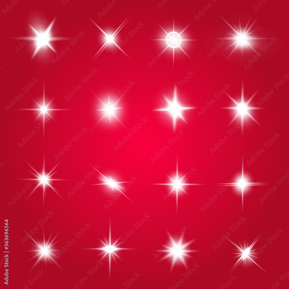 Lights sparkles isolated. Vector illustration of white glowing lens flares and sparks, red background. Lights sparkles isolated. Vector illustration of white glowing lens flares and sparks, red background.