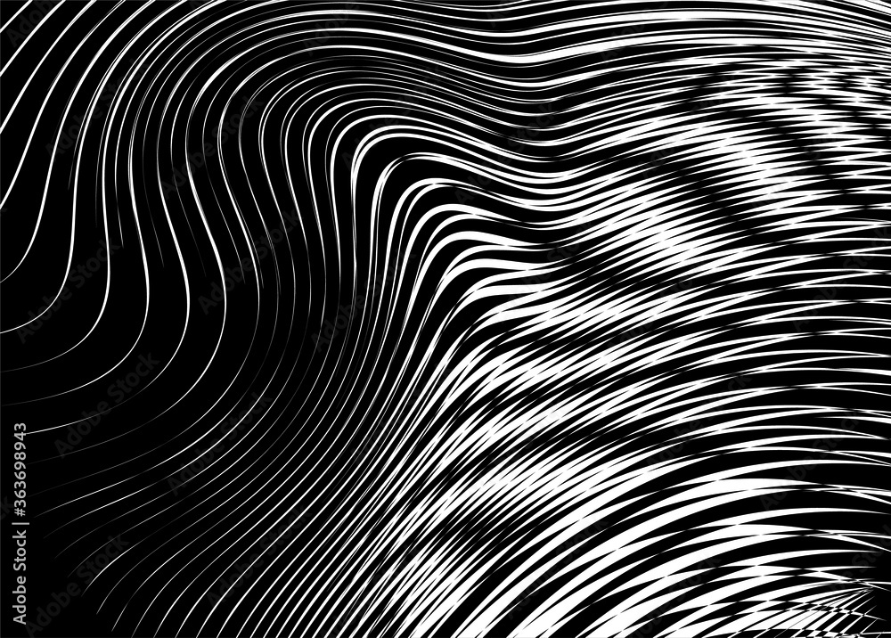 Abstract vector hair from thin twisted white lines on a black background. Modern vector pattern