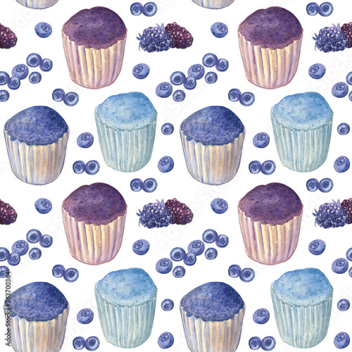 Special seamless pattern with blue and violet muffins with blackberries and blueberries. Watercolor hand drawn illustration on a white isolated background. Great for cafes and festive design. 