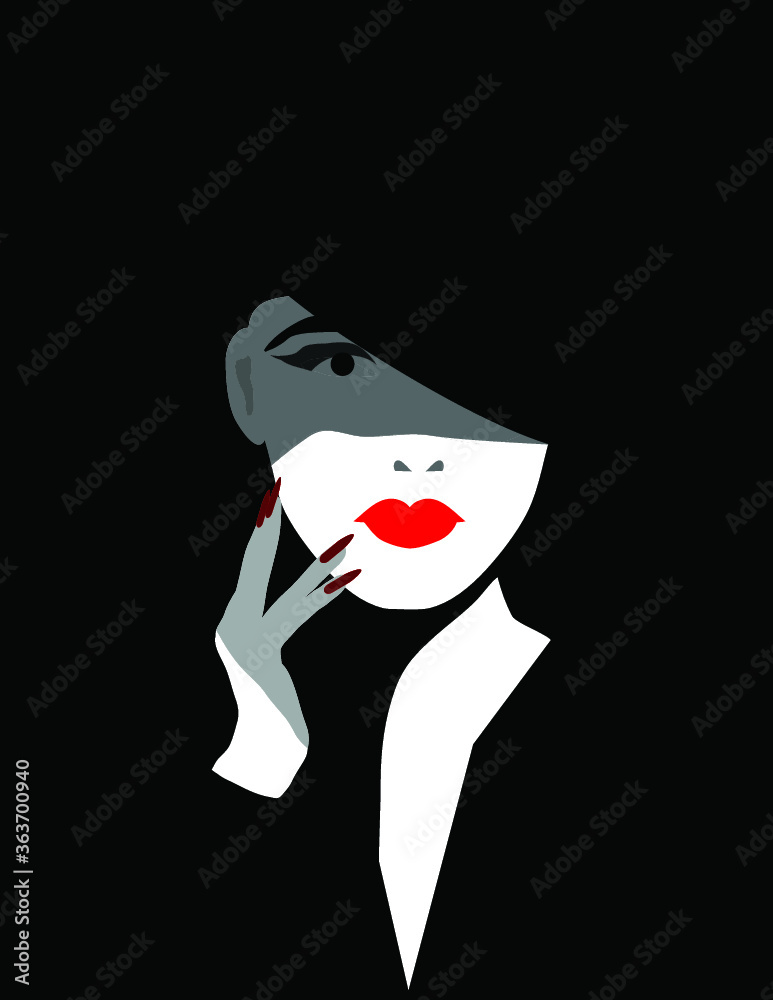 Fototapeta An attractive woman touches her face with her hand in a minimalist fashion and beauty illustration.