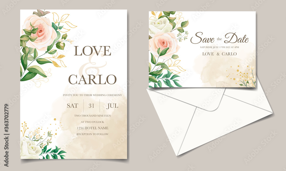 Beautiful floral wedding invitation card template set with golden leaves decoration