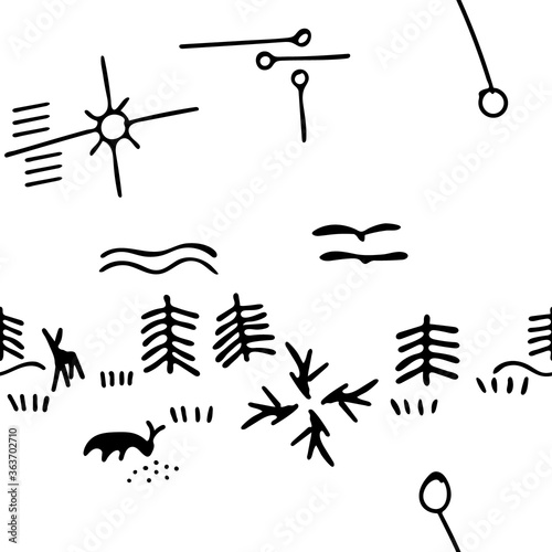 Seamless pattern with shamanism   shamanic mythology symbols on white background. Repetitive vector pattern. 