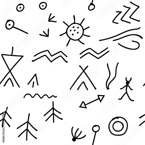 Seamless pattern with shamanism   shamanic mythology symbols on white background. Repetitive vector pattern. 