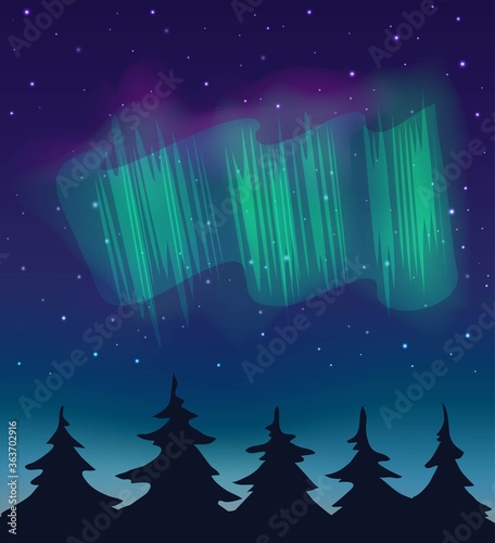 Vector illustration. Forest and night sky with stars and northern light.