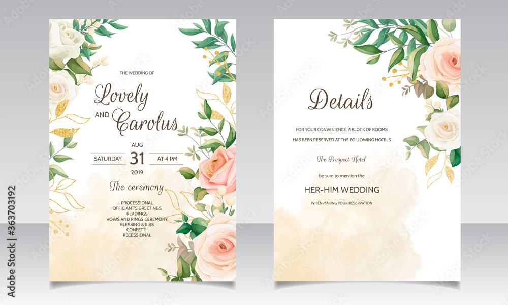 Beautiful floral wedding invitation card template set with golden leaves decoration