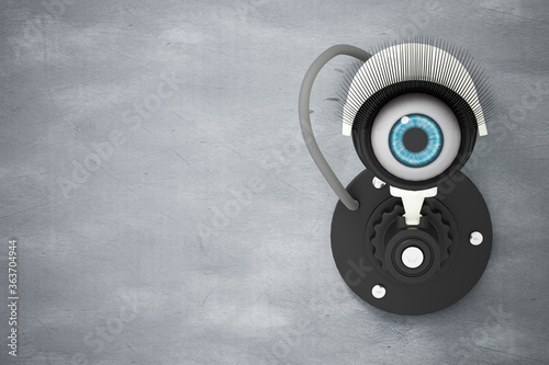 The white CCTV system installed on the cement wall with the eyes instead of the camera lens. The concept of security surveillance is like watching it all the time. 3D illustration rendering. © Sainam