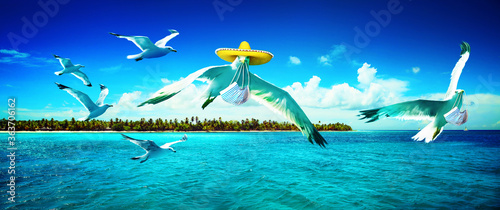 Seagulls with corona virus mask flying over the beach
