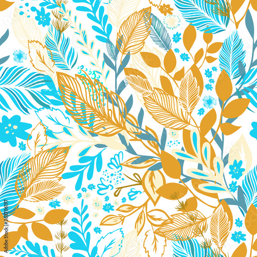 A seamless background with blue and orange flowers and leaves. Vector illustration