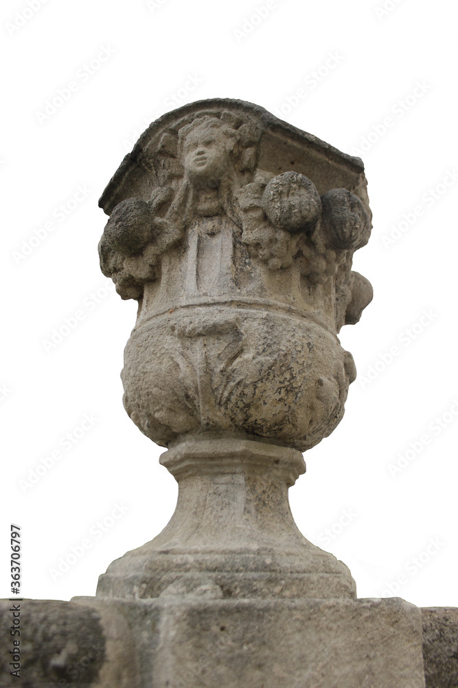 Big city stone sculpture of a vase with decorative relief. Isolated stone vase on white background
