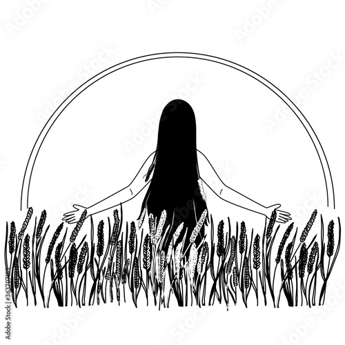 A Young woman stays in the wheat field on sunrise or sunset. Girl in the nature infront sun. Happy girl meets sun. Black and white vector concept illustration. Hand drawn sketch