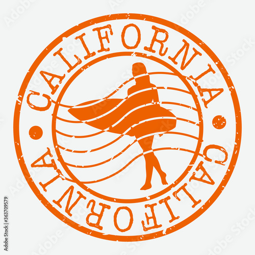 California Stamp. Surfer Girl Silhouette Seal. Round Design. Vector Icon. Design Retro Insignia.