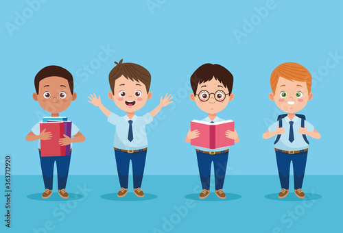 little students boys with uniforms characters