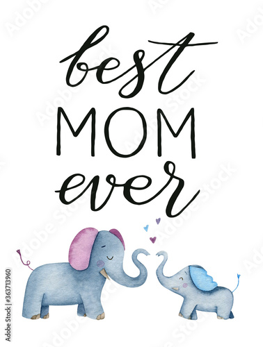 Photography Watercolor mom and baby elephants with hearts and handwritten lettering best mo