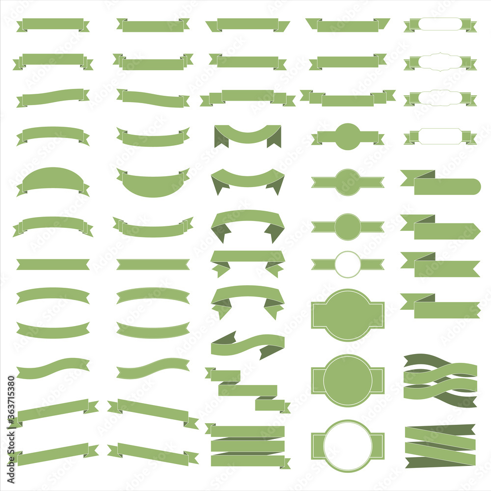 Vector set of 55 ribbons, green colored flat ribbon. White background.