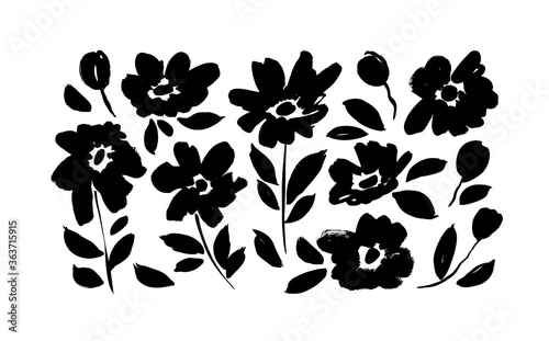 Spring flowers hand drawn vector set. Black brush flower silhouettes. Ink drawing wild plants, herbs or flowers, monochrome botanical illustration. Roses, peonies, chrysanthemums isolated cliparts.