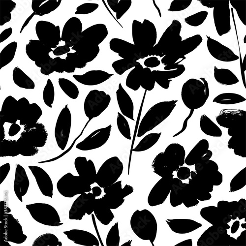 Seamless floral vector pattern with peonies, roses, anemones. Hand drawn black paint illustration with abstract floral motif. Graphic hand drawn brush stroke botanical pattern. Leaves and blooms.