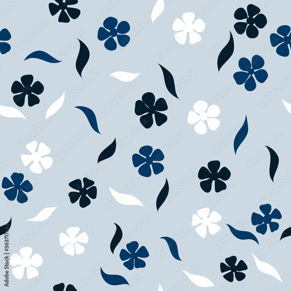 Fototapeta premium Seamless repeat pattern with flowers on blue pastel background. Hand drawn fabric, gift wrap, wall art