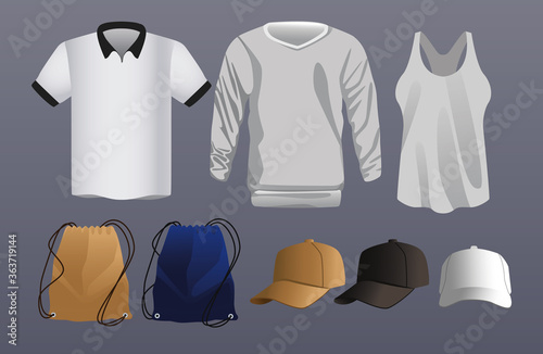 male coats and sport caps with shirts mockup icons