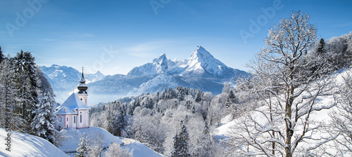 Obraz na płótnie Maria Gern Church On Snowcapped Mountains Against Blue Sky