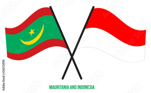 Mauritania and Indonesia Flags Crossed And Waving Flat Style. Official Proportion. Correct Colors.