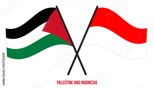 Palestine and Indonesia Flags Crossed And Waving Flat Style. Official Proportion. Correct Colors.