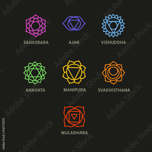 chakra doodle icons set, vector color illustration