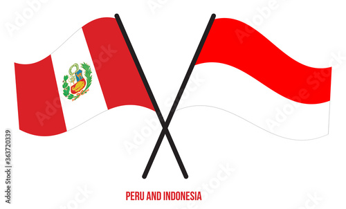 Peru and Indonesia Flags Crossed And Waving Flat Style. Official Proportion. Correct Colors.