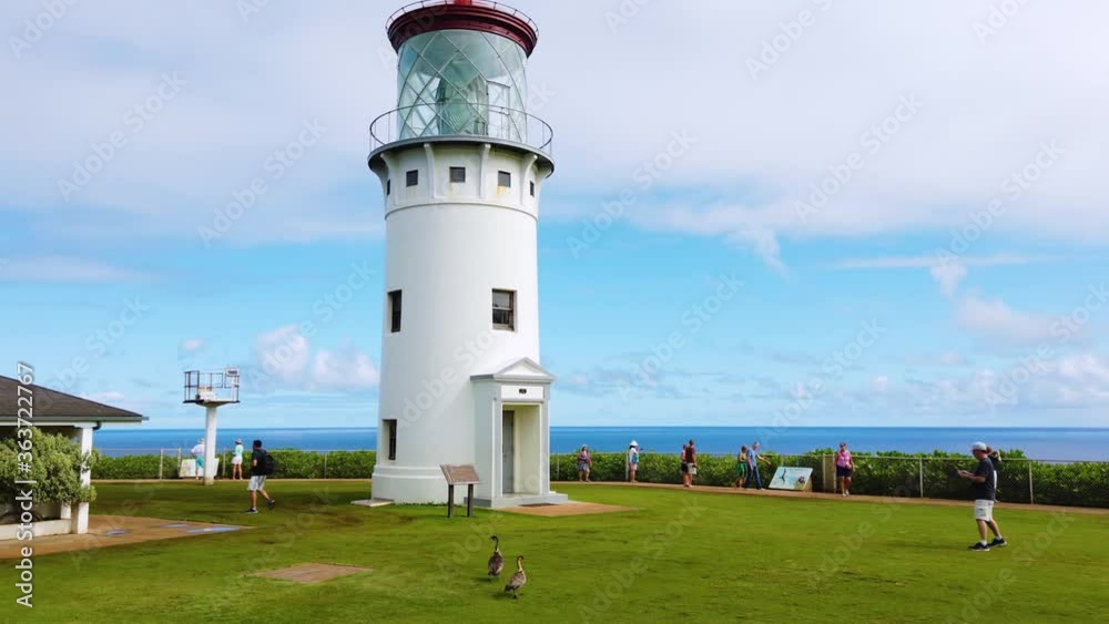 HD Hawaii Kauai SUPER FAST Hyperlapse wide shot of Kilauea Point Lighthouse trucking in and straight under to tight shot looking up and arching by to reveal wider shot of lighthouse HD Hawaii Kauai SUPER FAST Hyperlapse wide shot of Kilauea Point Lighthouse trucking in and straight under to tight shot looking up and arching by to reveal wider shot of lighthouse